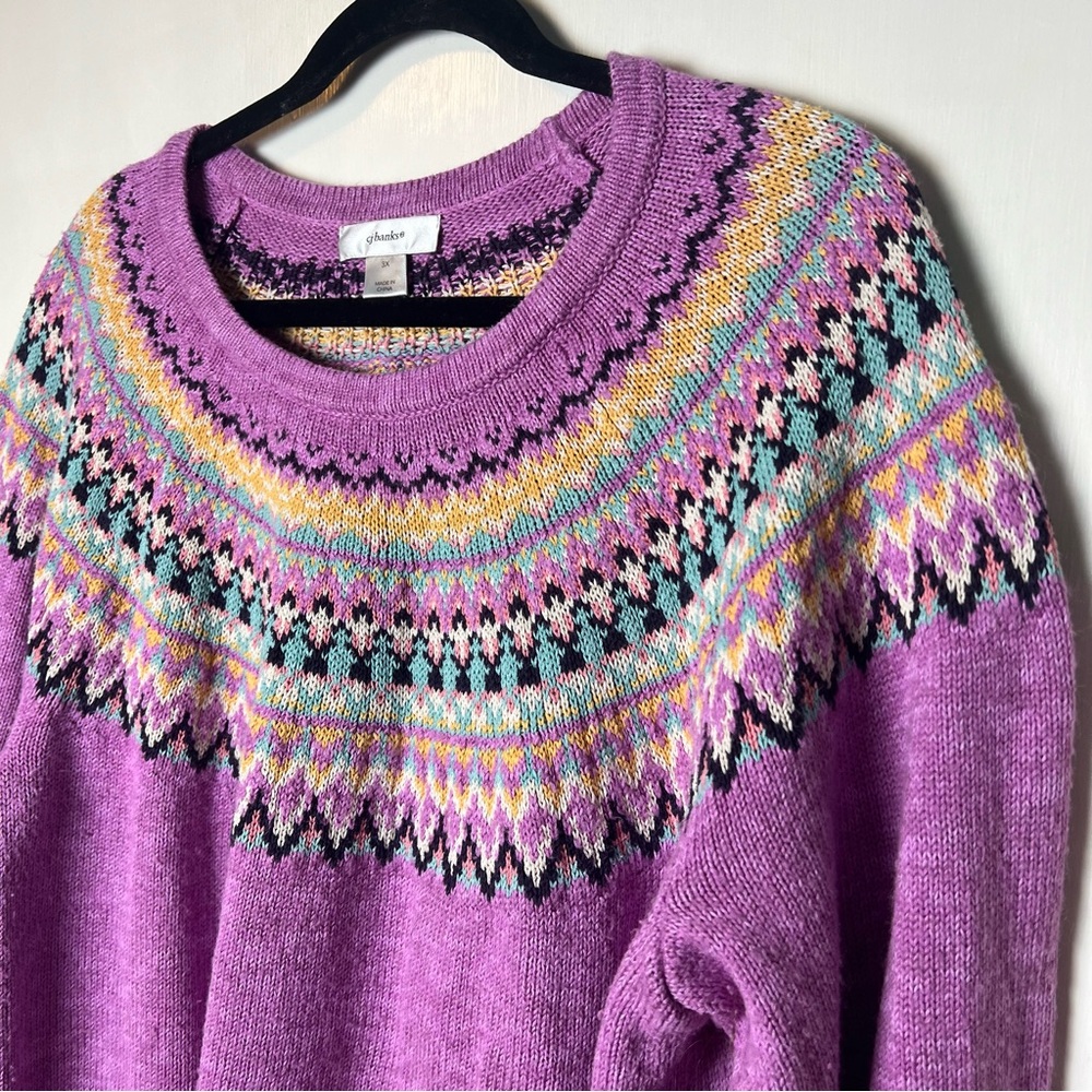 CJ Banks Fair Isle Yoke Crewneck Sweater Purple Multicolor Plus Sz 3X - Picture 4 of 5